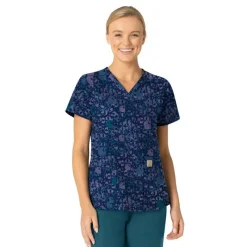 Carhartt Scrub Tops*Women's V-Neck Print Scrub Top Geo Logo Navy