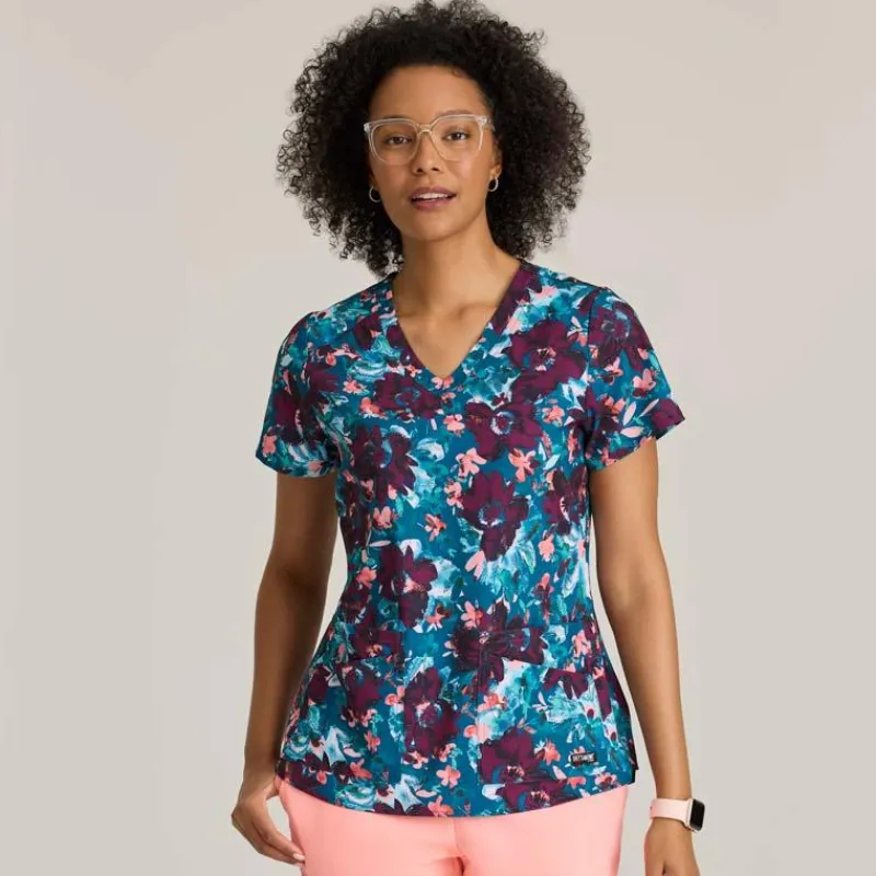 Grey's Anatomy Scrub Tops*+ Spandex Stretch Women's Ella Print Scrub Top Spring Meadow