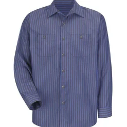 Red Kap Work Shirts*Men's Long Sleeve Industrial Stripe Poplin Work Shirt Gray / Blue Stripe