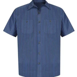 Red Kap Work Shirts*Men's Short Sleeve Industrial Stripe Poplin Work Shirt Gray / Blue Stripe