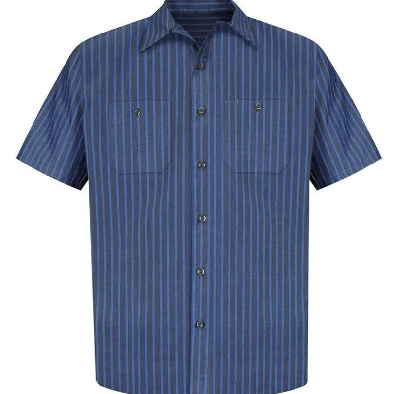 Red Kap Work Shirts*Men's Short Sleeve Industrial Stripe Poplin Work Shirt Gray / Blue Stripe