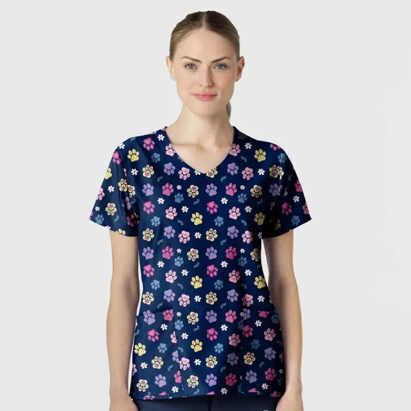 WonderWink Scrub Tops*Wink Women's Print Scrub Top Springtime Stroll Navy