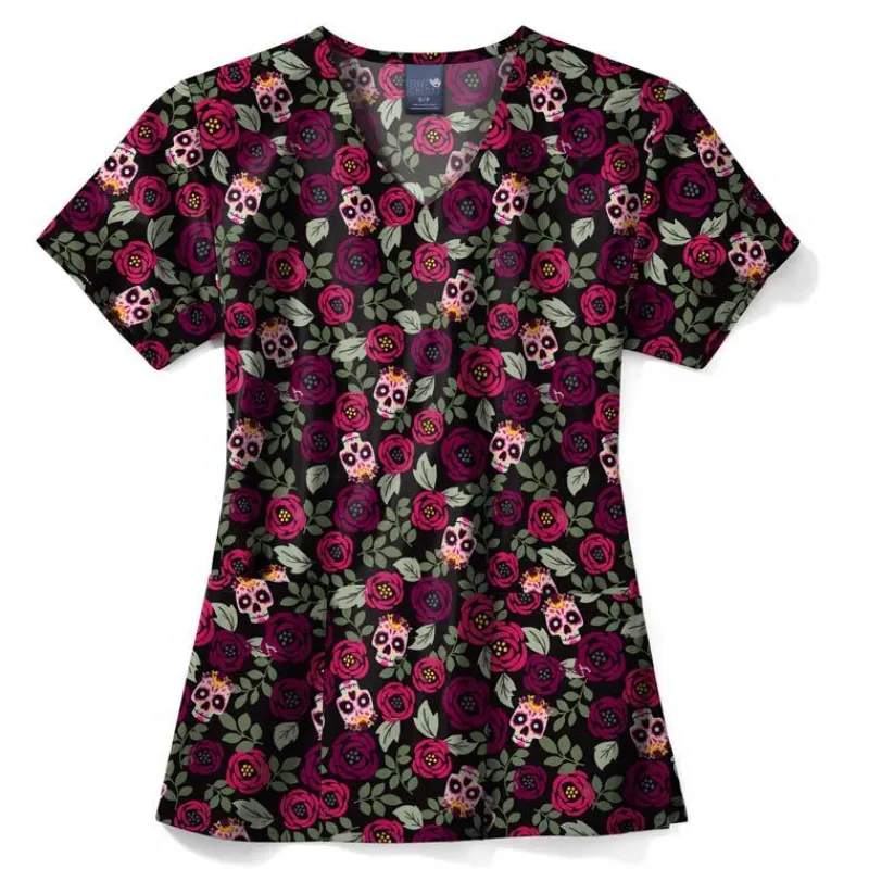 Zoe & Chloe Scrub Tops*Zoe+Chloe Women's V-Neck Print Scrub Top Sugar Skull Roses